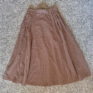 Brown Neutral Gingham Midi Skirt A-Line Pleated Elastic Waist